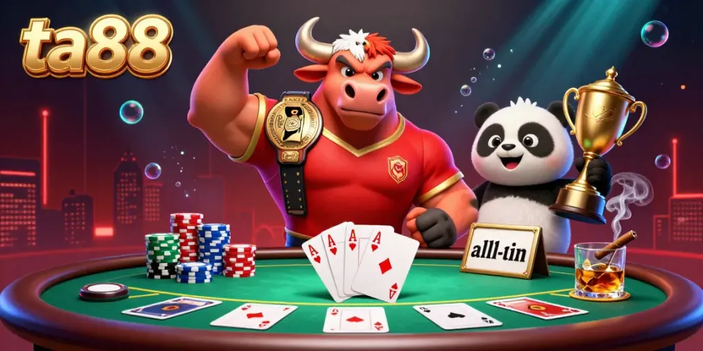 Experience thrilling gaming action with ta88's vibrant 3D characters and poker elements in this dynamic illustration.