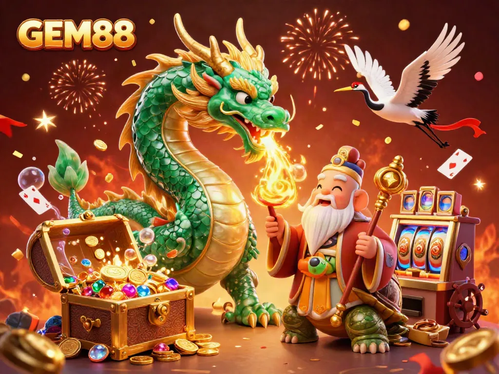 Experience GEM88's exciting gaming landscape with a massive jade dragon and dynamic casino elements.