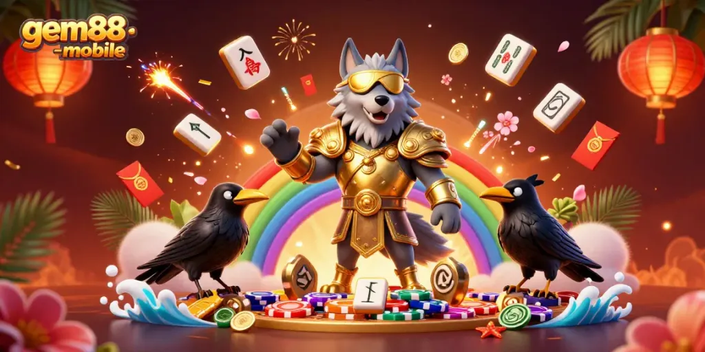Engage in exhilarating gaming experiences with gem88-mobile, featuring immersive 3D characters in a vibrant casino setting.