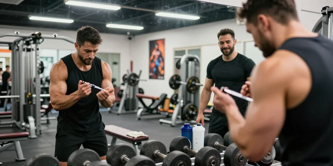 Anabolika Shop - Bodybuilder demonstriert sichere Injektionstechnik in einer lebhaften Fitnessumgebung, umgeben von Gewichten und Proteinshakern.