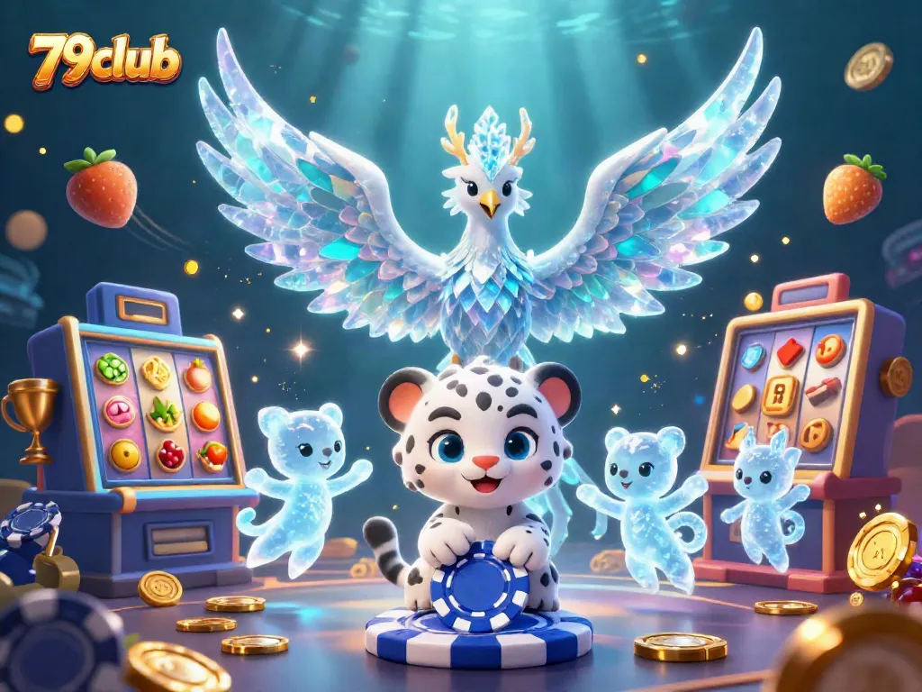 Experience thrilling gameplay at 79club with vivid scenes of an ice phoenix and slot machines.