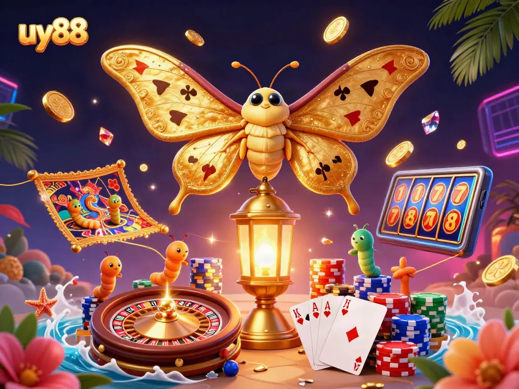 Play exciting games on uy88 with a vibrant scene featuring casino elements and golden wings.