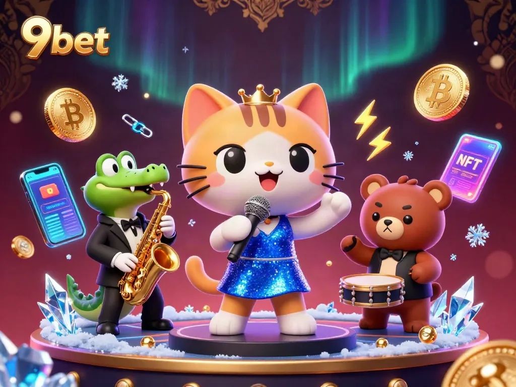 Experience the excitement at 9bet with a lively casino scene featuring a singing cat, a saxophone crocodile, and a drum-playing bear.
