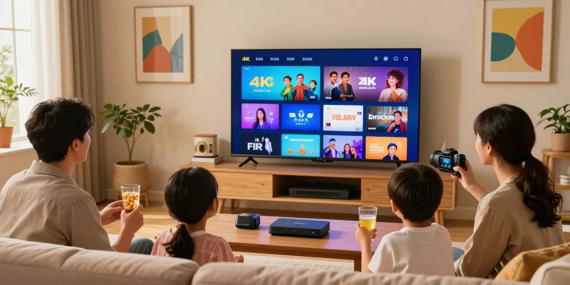Familie genießt iptv kaufen während sie 4K Inhalte auf dem Fernseher streamen.