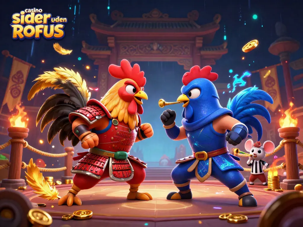 Engage in thrilling gameplay with casino sider uden ROFUS featuring duel between samurai and ninja roosters.