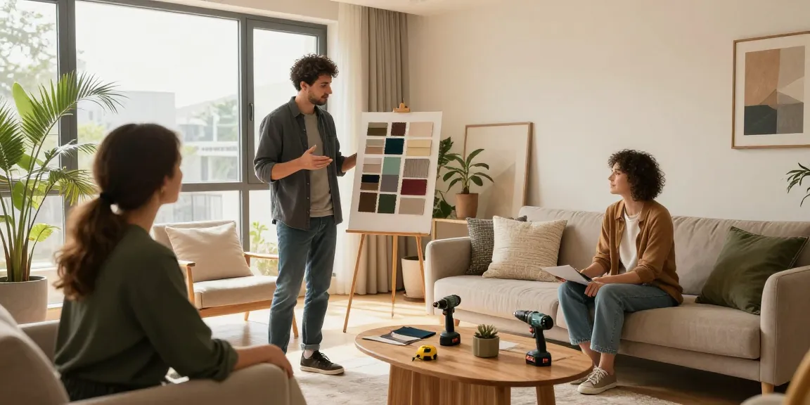 Innenausbau Projektbesprechung in modernem Wohnzimmer mit Designer und Kunden.