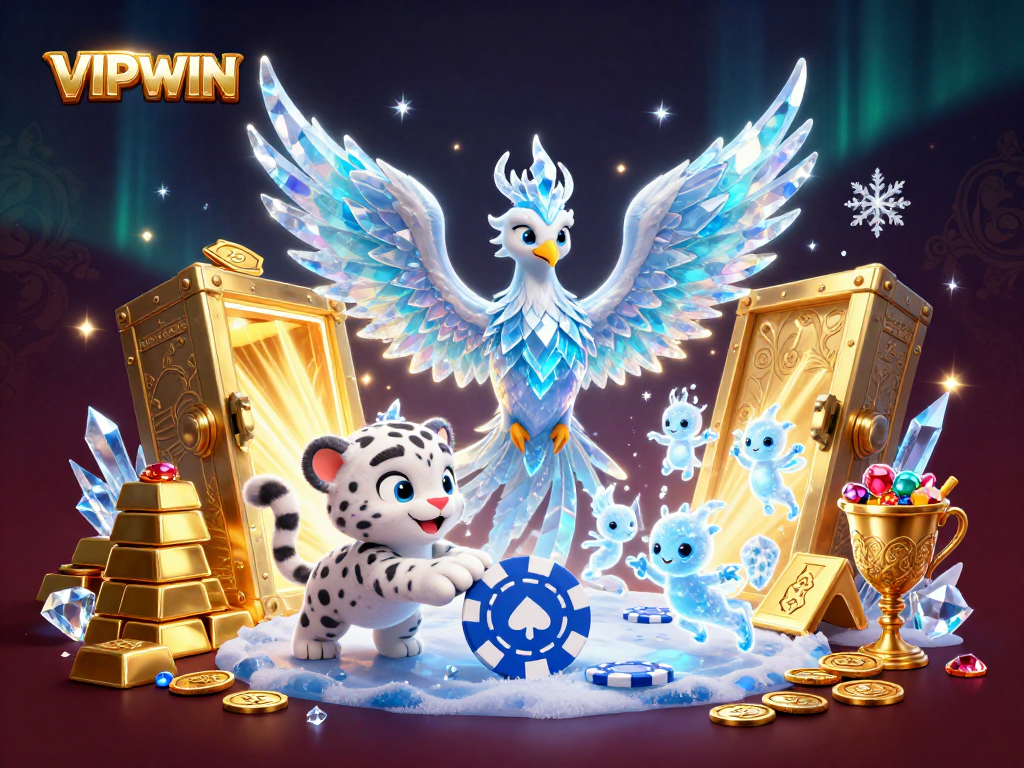 Win big with VIPWIN in a vibrant casino scene featuring an ice phoenix and magical treasure.