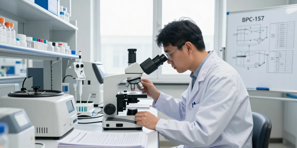 Koi BPC-157 Canada research setting with a scientist examining peptide samples in a modern lab.