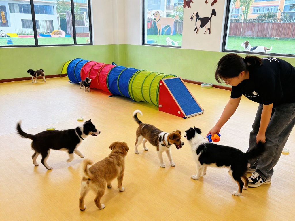 Active dog daycare scene showcasing playful puppies, staff, and agility equipment, highlighting slot 10k training opportunities.