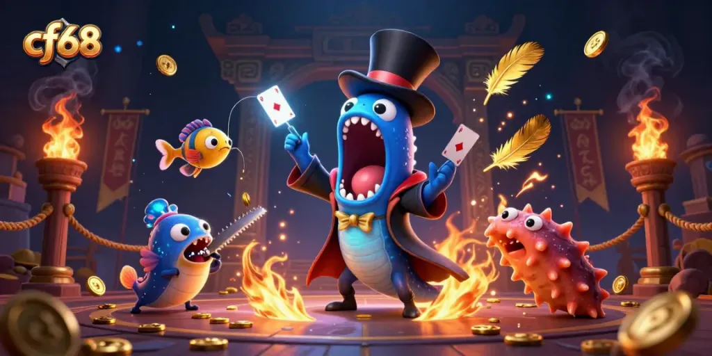 cf68 features a deep-sea gulper eel magician showcasing spectacular gambling magic tricks in a vibrant casino setting.