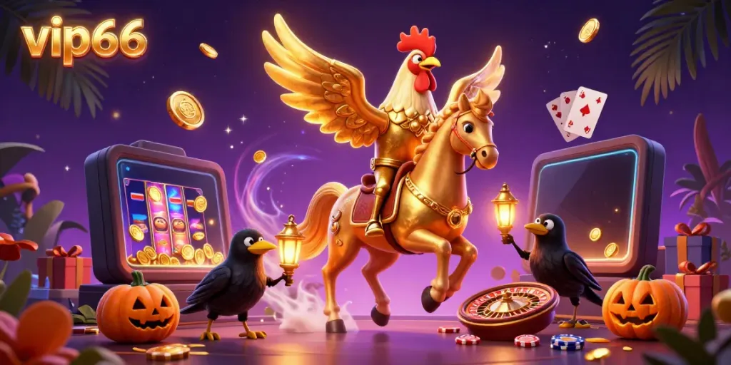 Experience thrilling gameplay at vip66 with a dynamic casino scene showcasing a golden rooster and vibrant slot games.