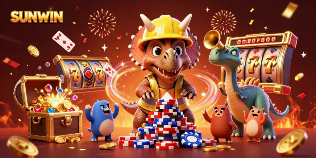 Celebrate with SUNWIN as colorful poker chips stack high amidst vibrant casino elements.
