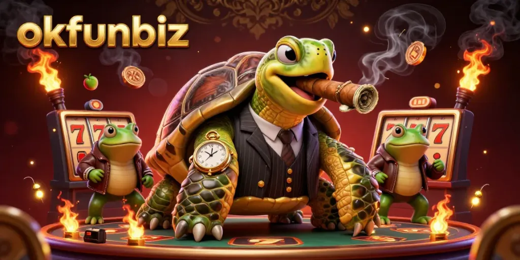 Engage with exciting games on okfunbiz featuring a mobster turtle in a vibrant casino scene.