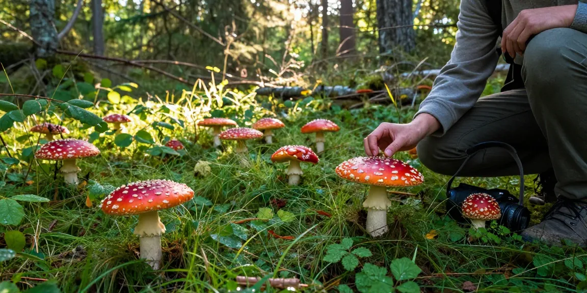 Fliegenpilz kaufen: Verpackte Amanita Muscaria Produkte im Online-Shop, umgeben von frischen Pilzen und Kräutern.