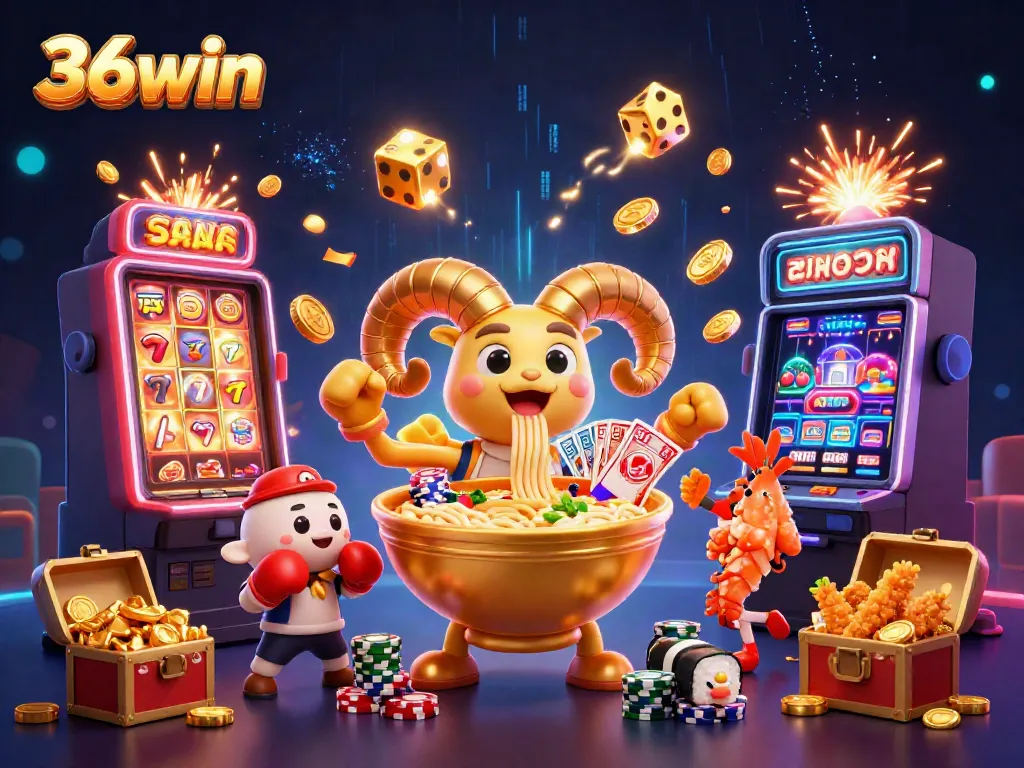 Experience thrilling gaming with 36win, showcasing a vibrant 3D scene filled with slot machines, lively characters, and jackpot excitement.