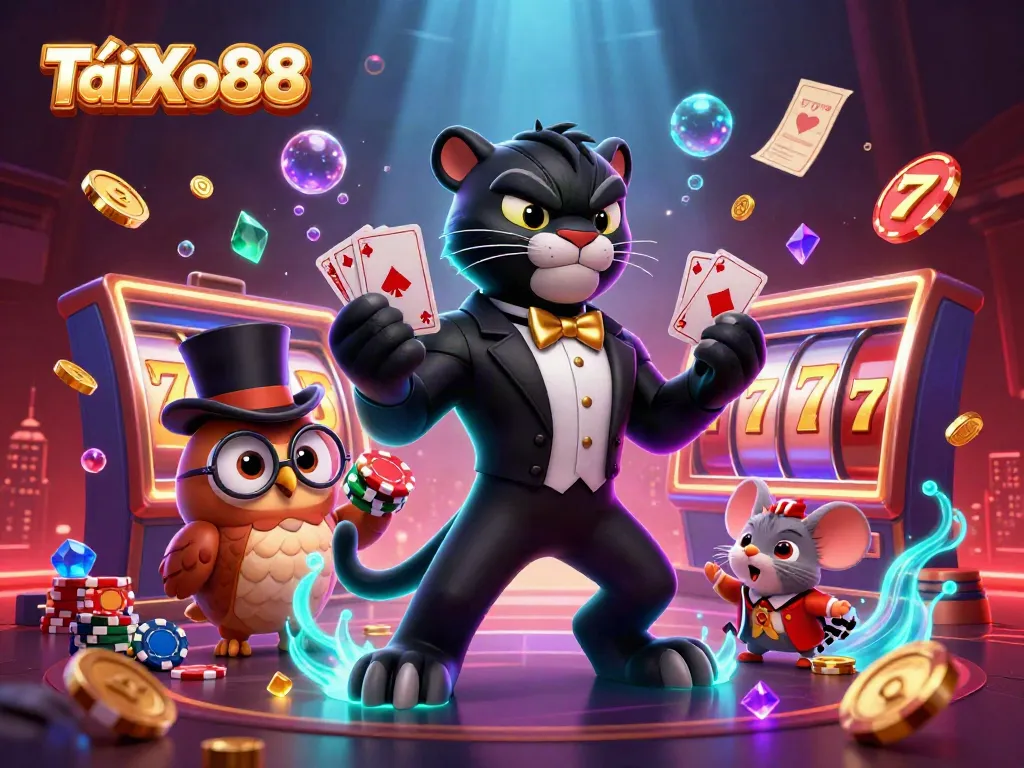 TảiXo88 features stylish characters celebrating casino wins in a vibrant 3D scene
