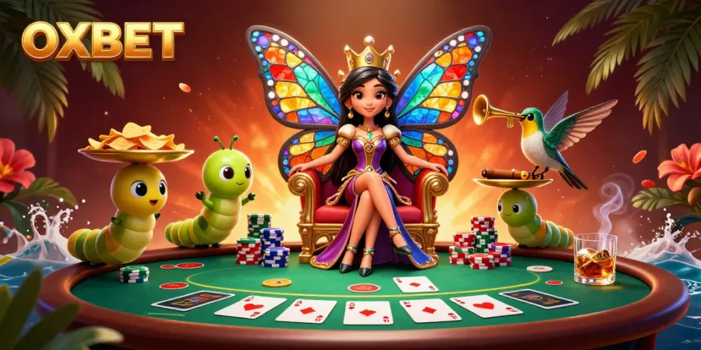Experience the vibrant world of OXBET with a dazzling butterfly queen and poker elements.