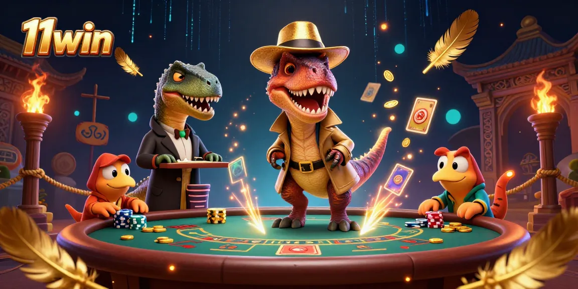 11win showcases a thrilling blackjack scene featuring cartoon dinosaurs in a vibrant casino setup.