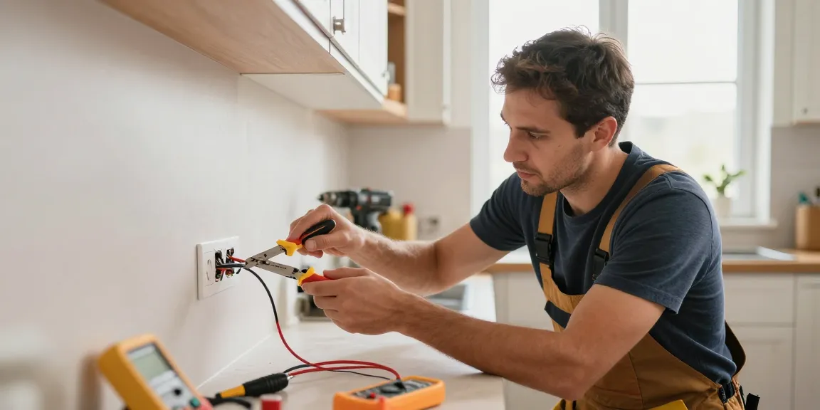 Elektriker in der Umgebung installiert moderne Elektrik in einer hellen Küche.