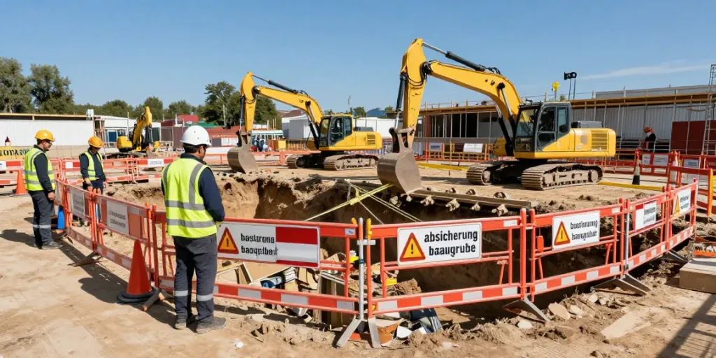 Professionelle Absicherung Baugrube mit Sicherheitsbeauftragten und Sicherheitsbarrieren auf der Baustelle