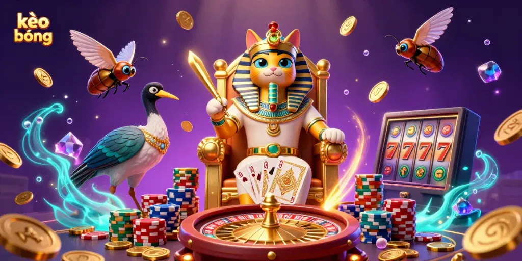 Witness the vibrant tableau of kèo bóng đá as the pharaoh cat and ibis companion engage in a dynamic sports betting scene.