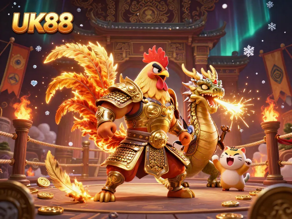 Experience strategic gambling excitement at UK88 with a fierce cockfighter and dragon in a dynamic arena.