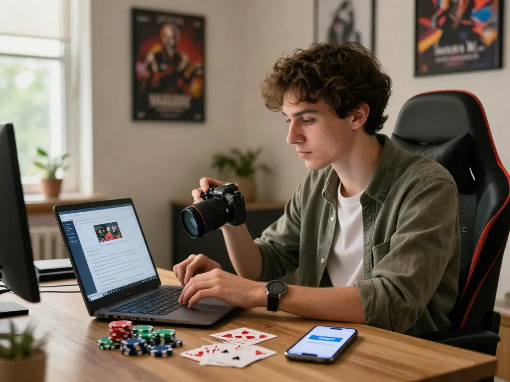 Registrierung im Casino mit itsme: Ein junger Erwachsener nutzt einen Laptop in einem modernen Home-Office.