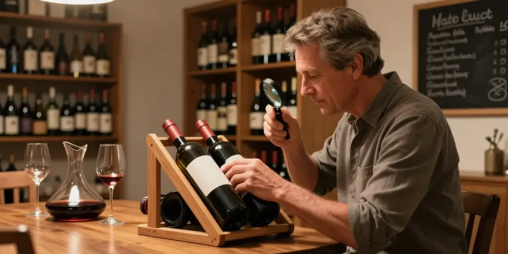 Organisieren von Weinflaschen in der Wein-App im gemütlichen Weinkeller