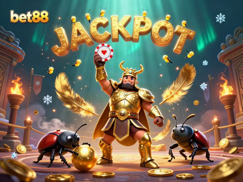 Experience the thrill of bet88 with a lively scene featuring vibrant beetles and a jackpot celebration.