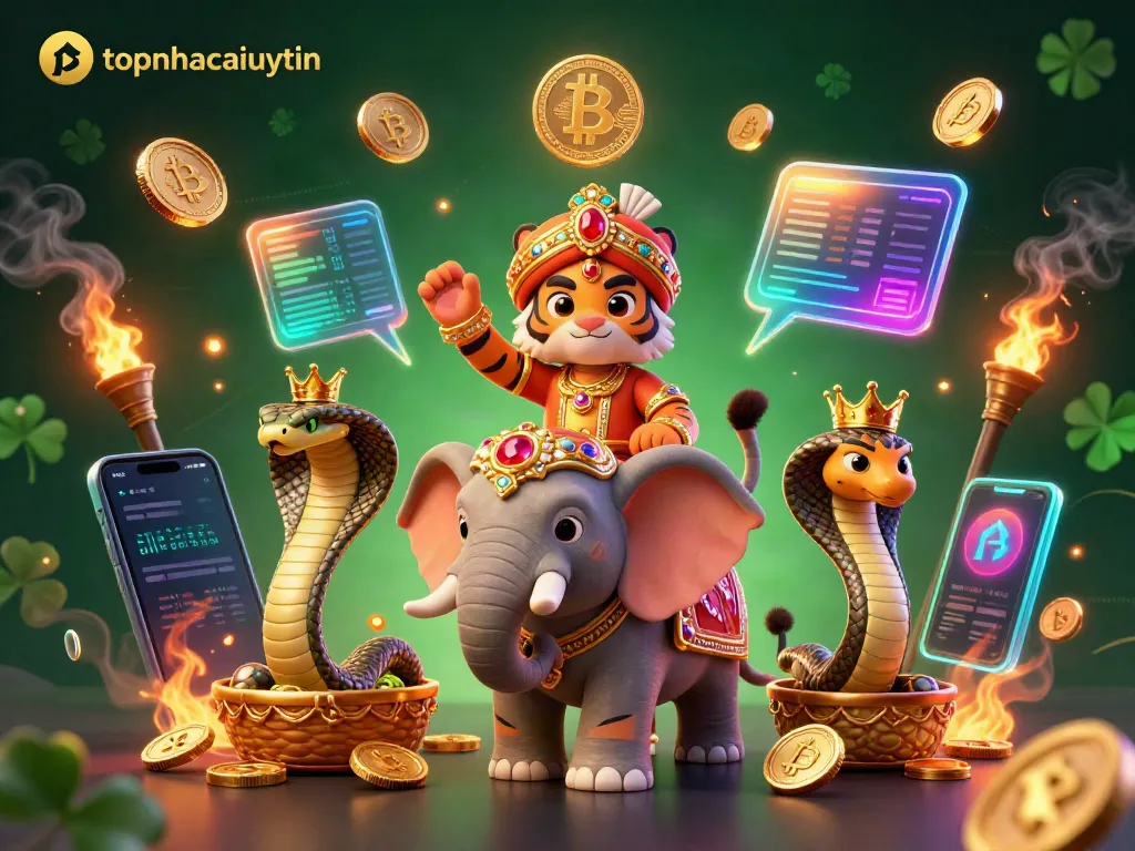 Topnhacaiuytin showcases a vibrant scene with a colorful maharaja tiger, a jewel-encrusted elephant, and cryptocurrency elements.