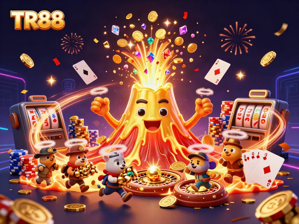 Win big at TR88 with a celebratory eruption of golden coins, gems, and vibrant casino elements.