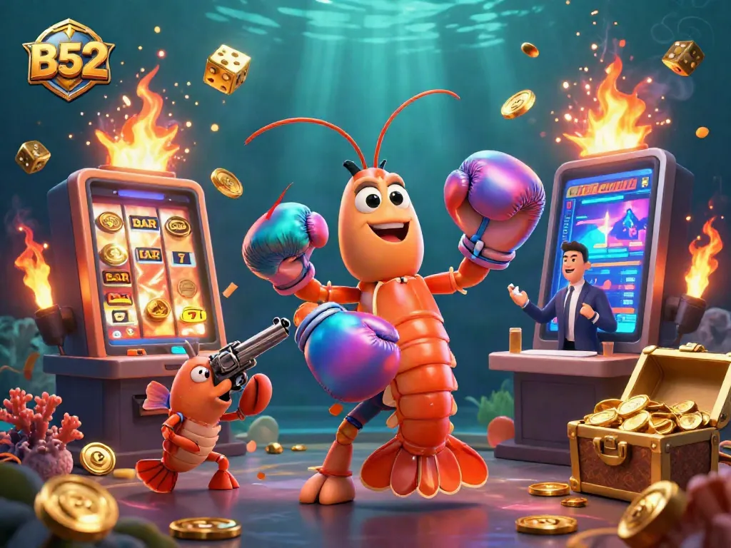 Engage with B52 gaming action featuring a mantis shrimp, pistol shrimp, and adrenaline spikes in a vibrant casino.