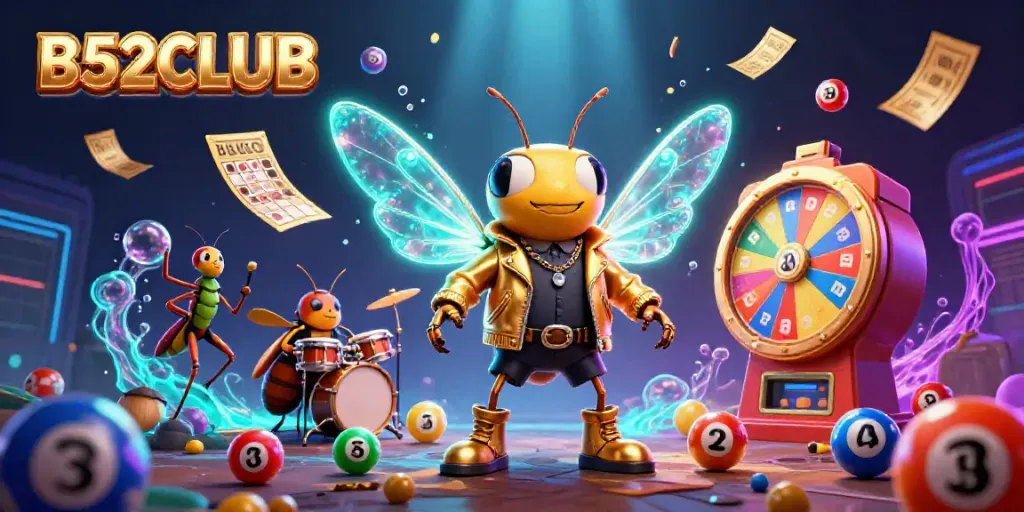 B52CLUB captivates players with vibrant lottery elements in a dynamic casino scene.