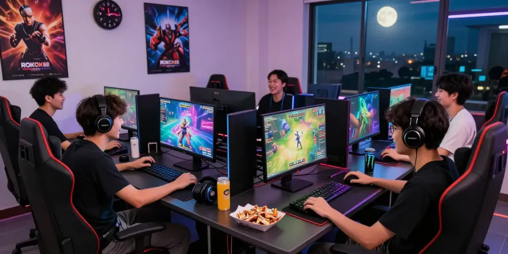 Exciting gaming enthusiasts enjoying rokok88 link at home, surrounded by gaming gear and vibrant atmosphere.