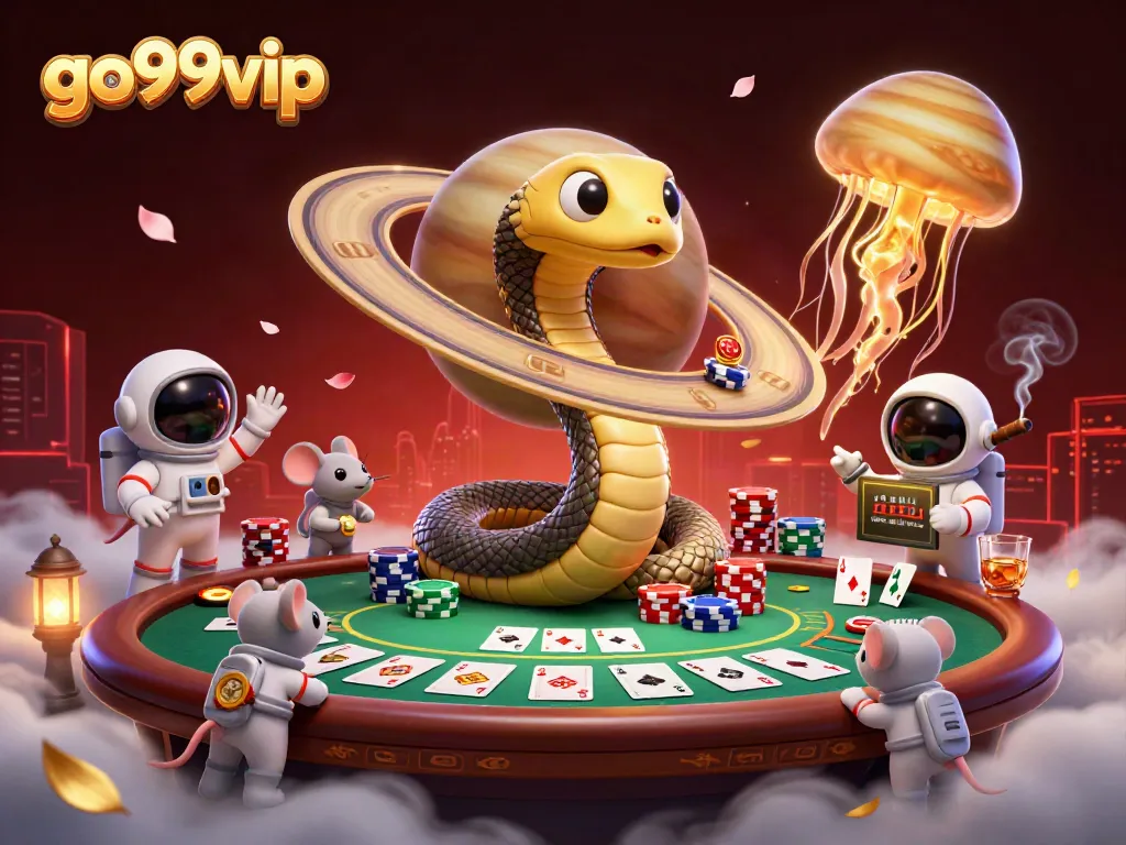Experience thrilling gambling action with go99vip, in a cosmic casino scene featuring astronaut mice and vibrant game elements.