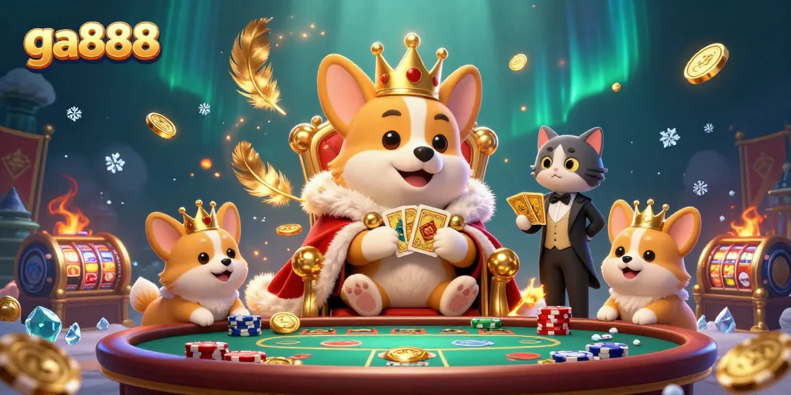 Experience the thrill of ga888 gaming with vibrant poker scene featuring a royal corgi and its playful companions.