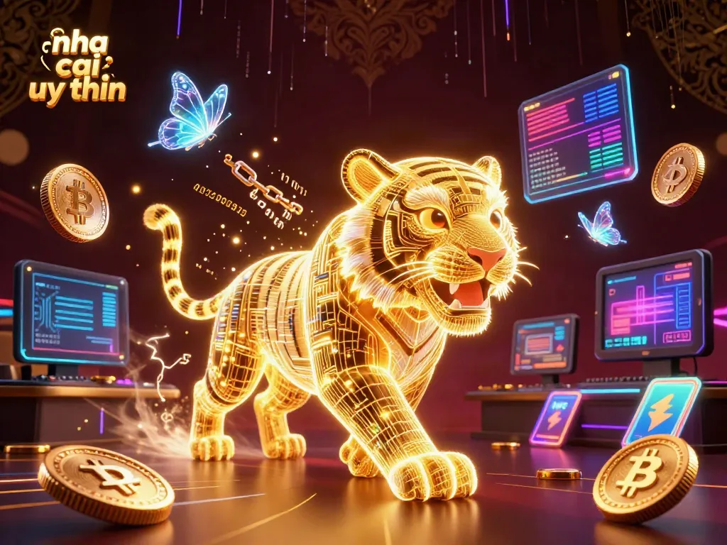 Experience the thrill of nha cai uy tin with a neon-wireframe tiger in a vibrant digital casino landscape.