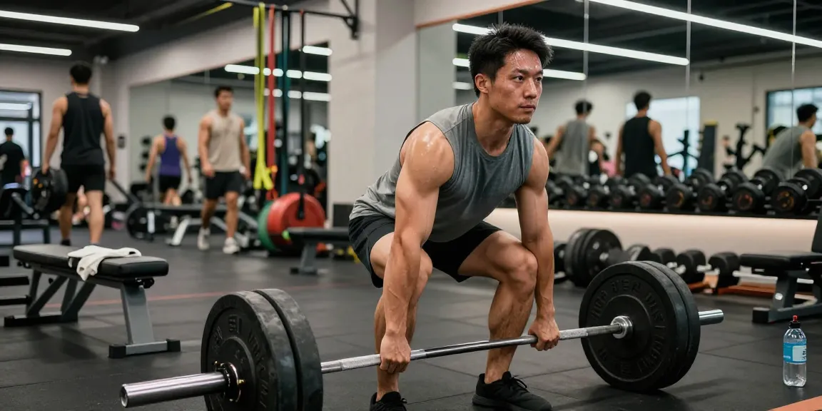 Anabolika Shop: Bodybuilder beim intensiven Training im modernen Fitnessstudio, umgeben von hochwertigen Trainingsgeräten.