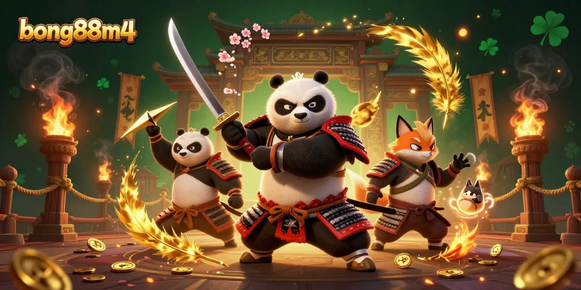 Experience thrilling adventures at bong88m4 with samurai panda and ninja fox amidst captivating casino elements.