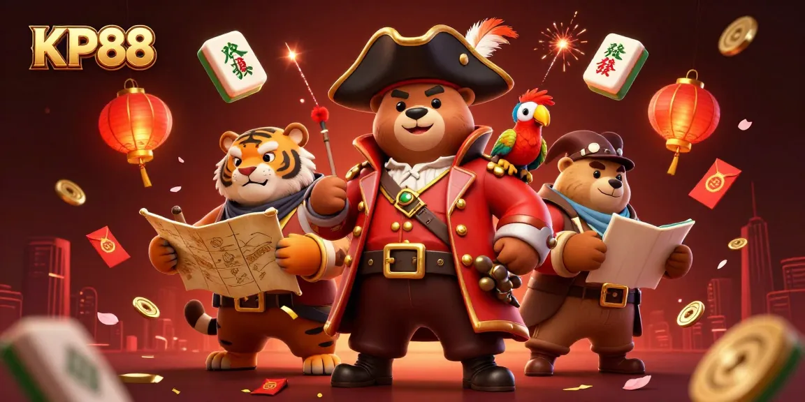 Experience thrilling casino adventures with KP88's illustrated pirate bear and tiger at the gaming table.