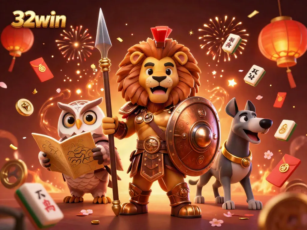 Experience the thrill of 32win with a Spartan lion and owl strategist in a vibrant casino scene.