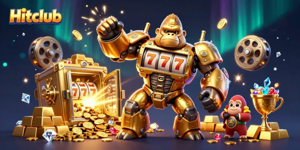 Experience gaming thrills with Hitclub's dynamic casino scene featuring a golden gorilla mech and treasures.