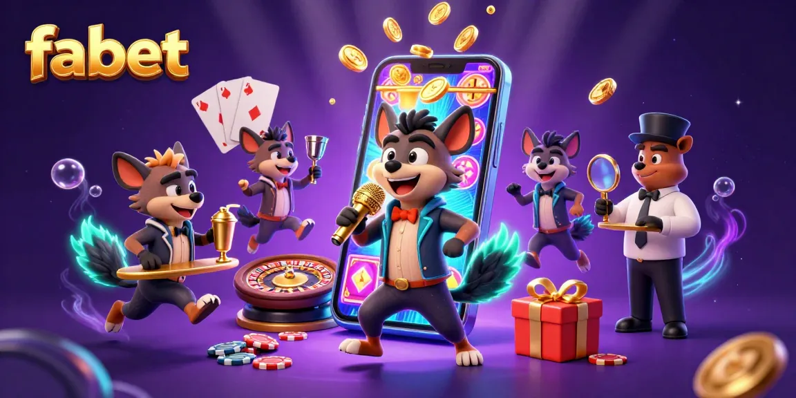 Experience the vibrant casino atmosphere at fabet with lively hyena characters engaging in gaming fun.