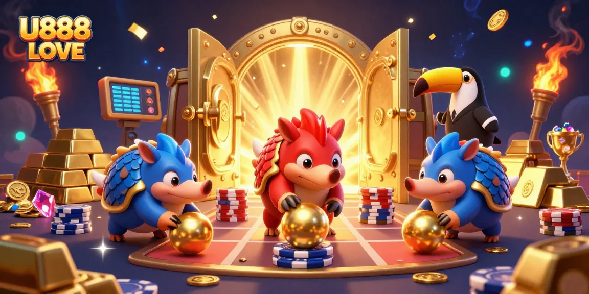 Engage in thrilling challenges with U888 LOVE, featuring colorful pangolins and vibrant casino chips.