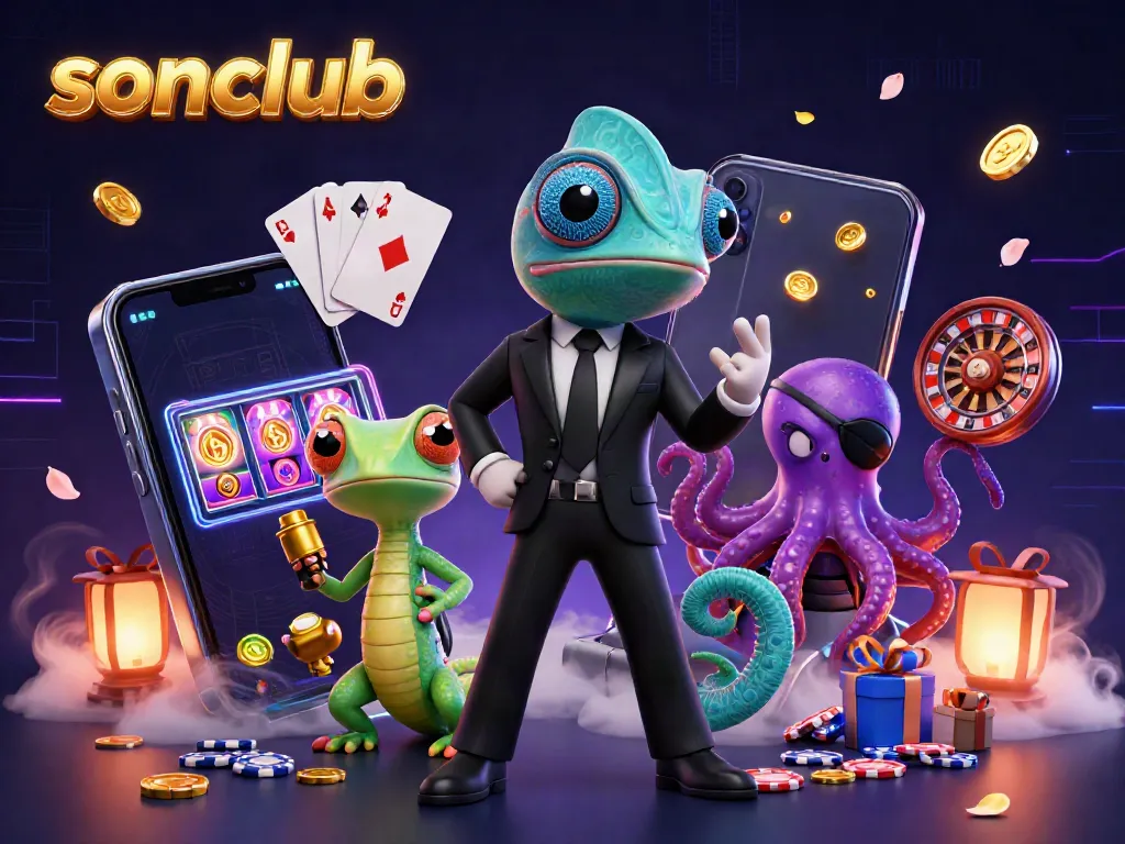 Engaging scene with sonclub characters and dynamic casino elements, emphasizing gaming excitement.