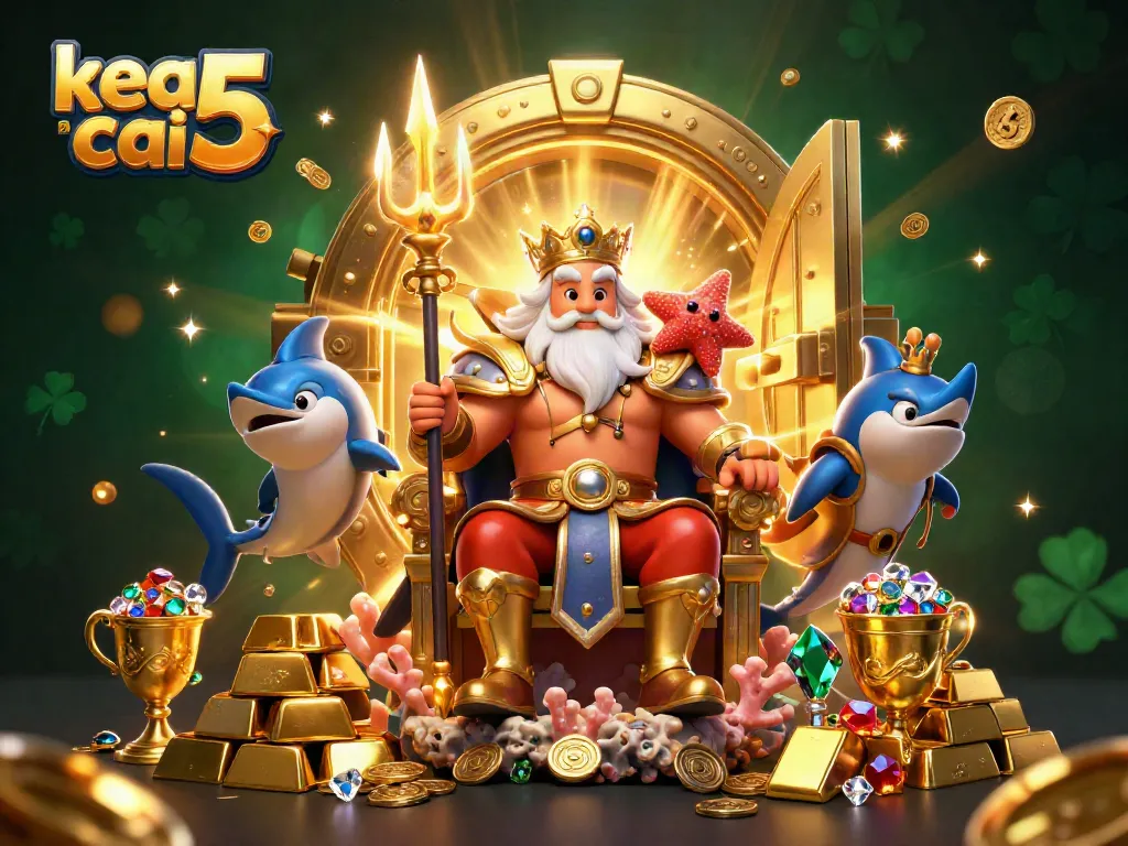 Experience the excitement of keo nha cai 5 with Neptune and gaming treasures in a dynamic 3D illustration.
