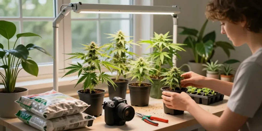 Person nurturing cbd stecklinge in a bright indoor gardening setup.