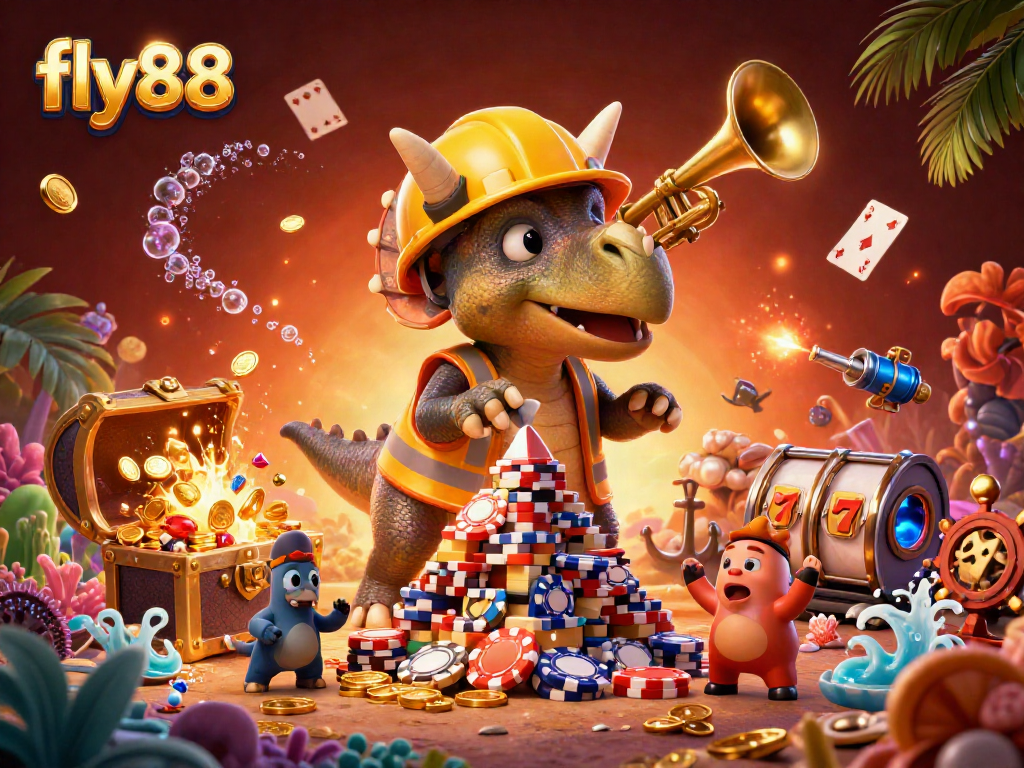 fly88 celebrates with a triceratops and parasaurolophus amidst colorful casino elements.