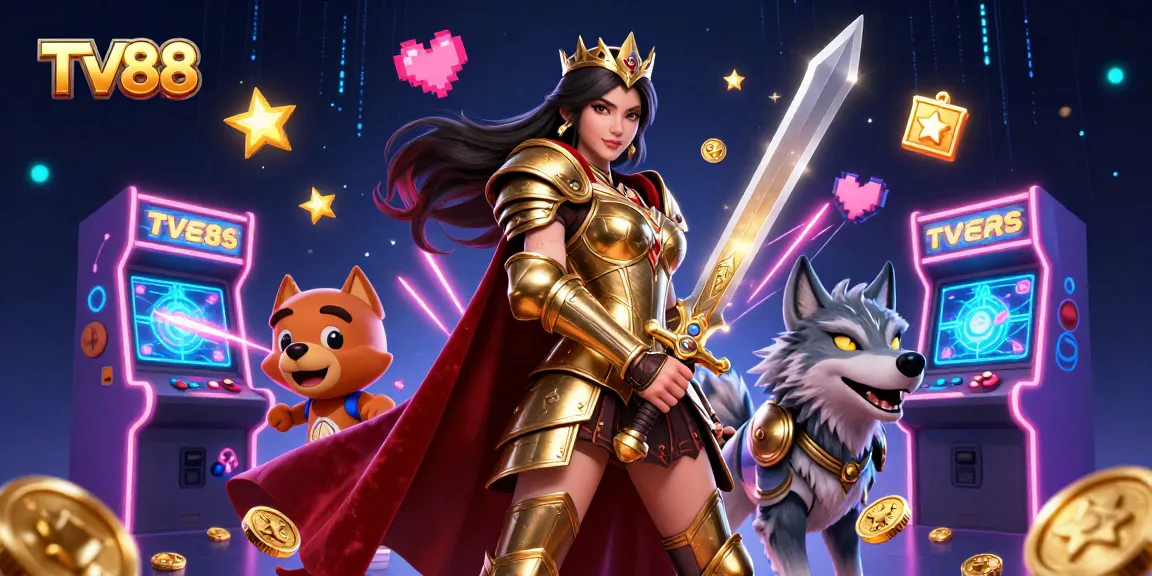 Engage with thrilling gaming experiences at TV88 with a warrior queen and glowing armored wolf.