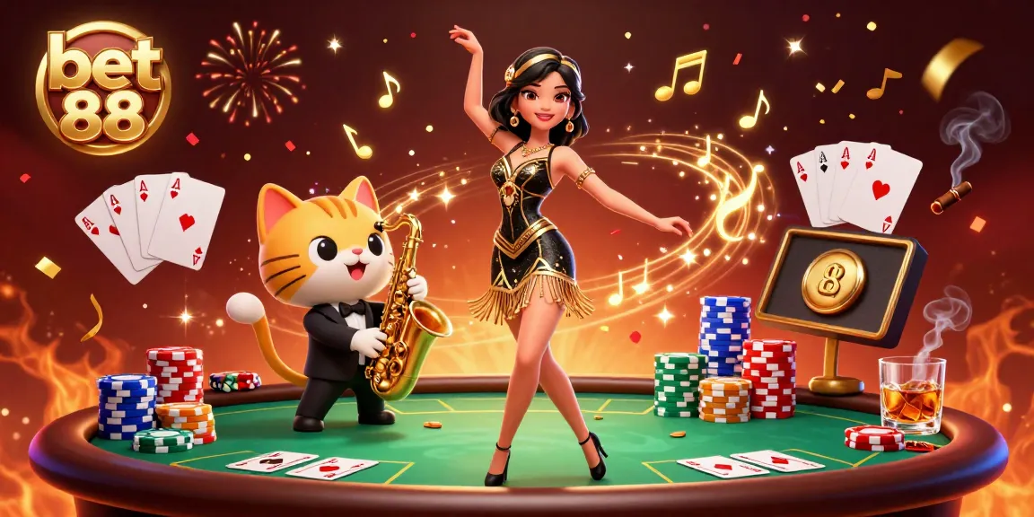 Experience the excitement of bet 88 with a vibrant 3D casino scene featuring colorful poker elements.